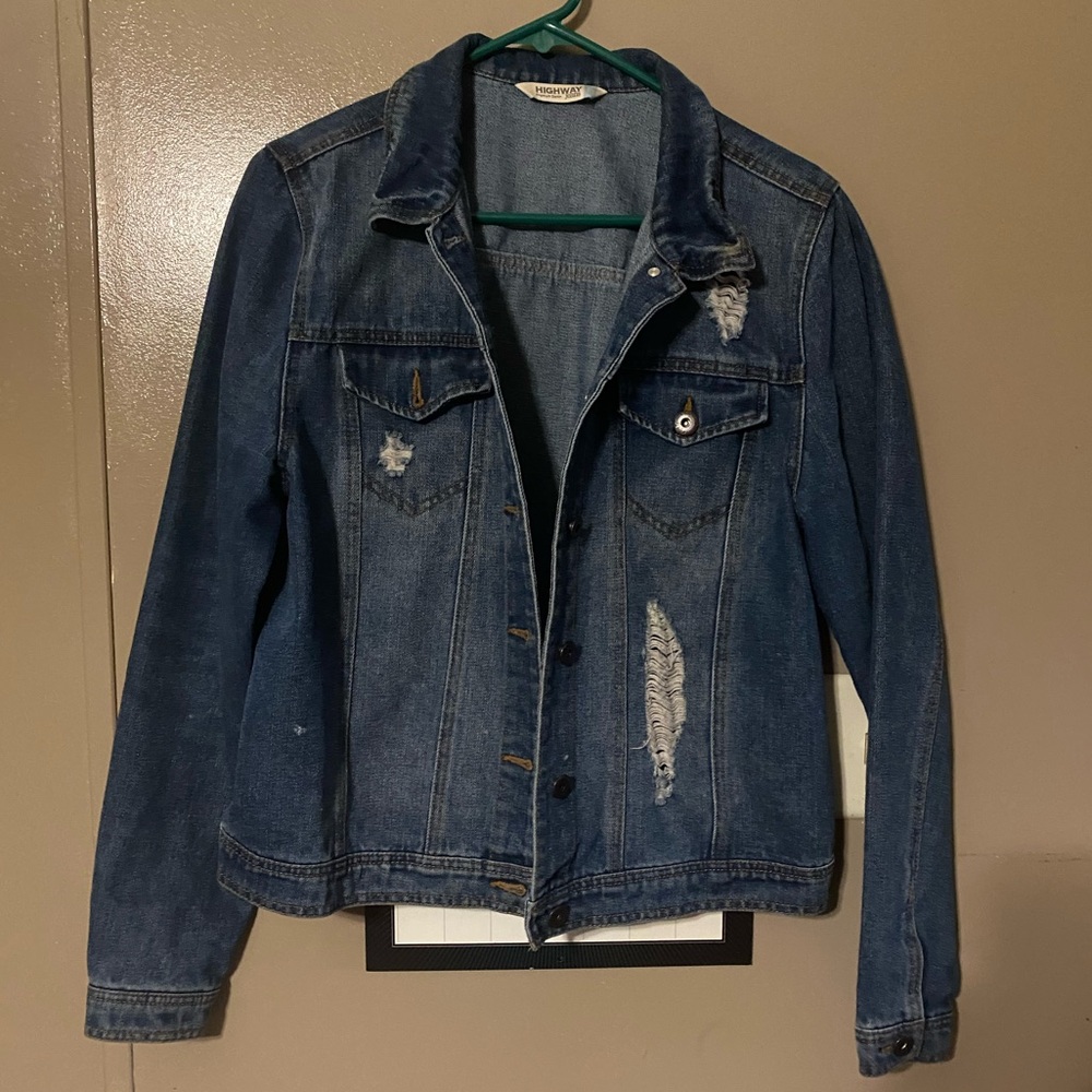 distressed dark denim jacket
